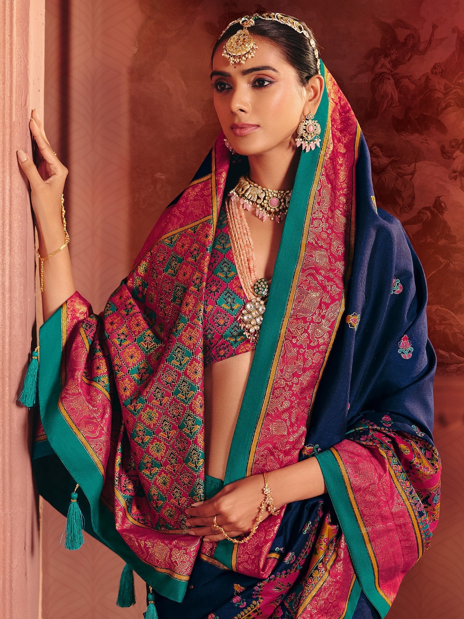 Navy Blue Silk Saree with Pink Patola Border - Ressa