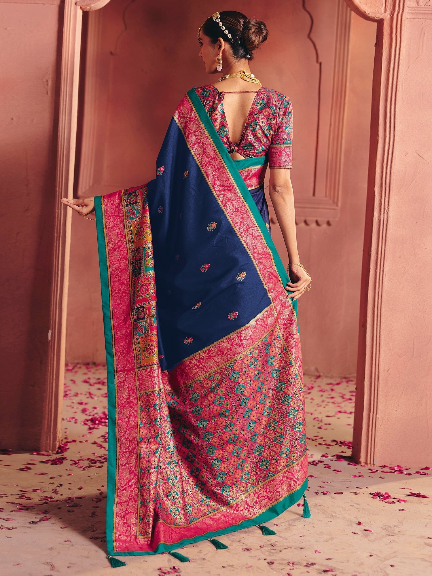 Navy Blue Silk Saree with Pink Patola Border - Ressa