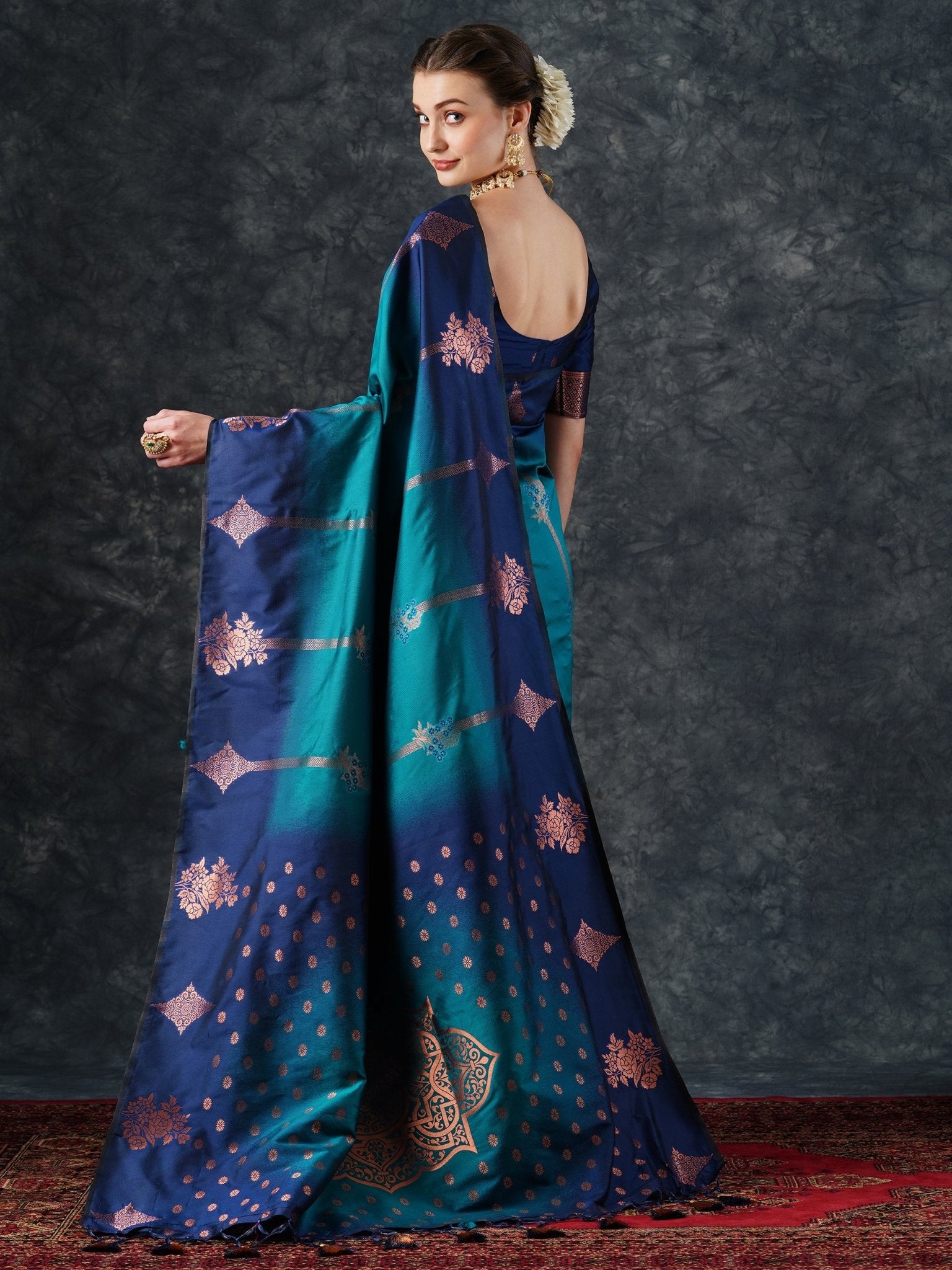 Navy Blue & Teal Ombre Banarasi Silk Saree with Zari Bootis - Ressa