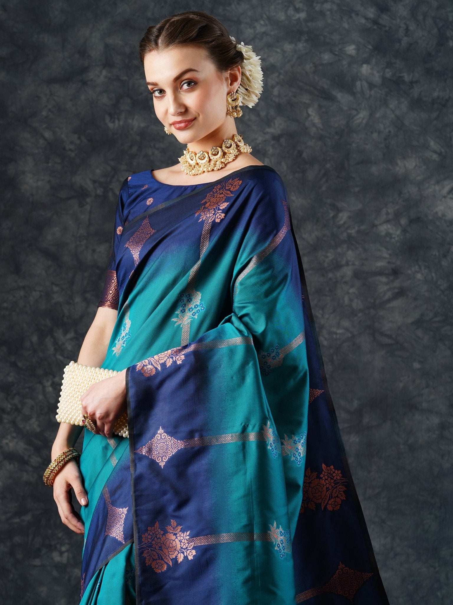 Navy Blue & Teal Ombre Banarasi Silk Saree with Zari Bootis - Ressa