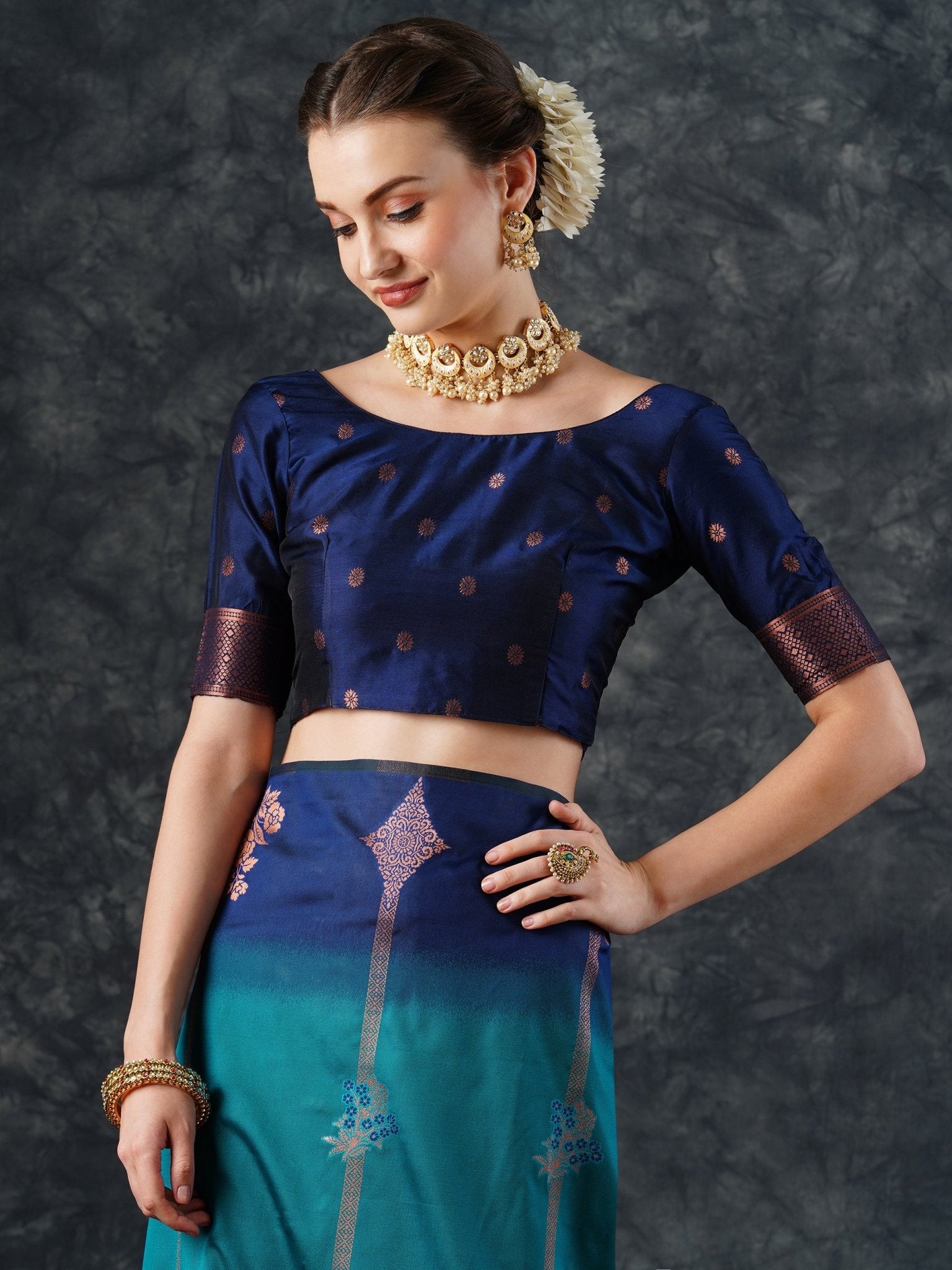 Navy Blue & Teal Ombre Banarasi Silk Saree with Zari Bootis - Ressa