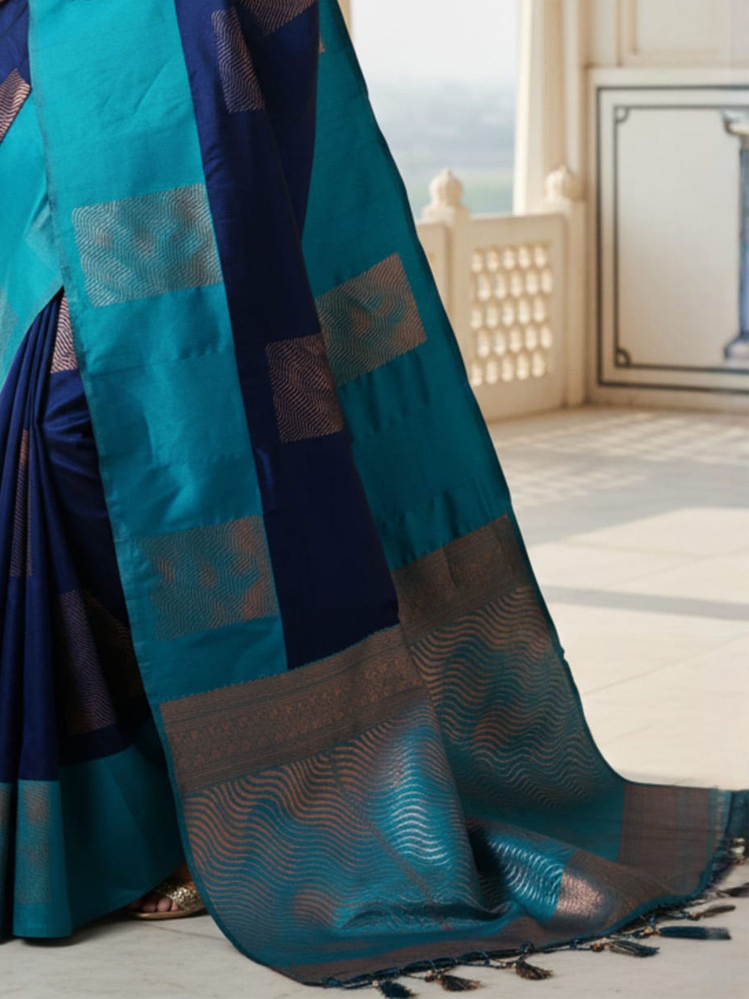 Navy Blue & Teal Silk Saree with Zari Weave - Ressa