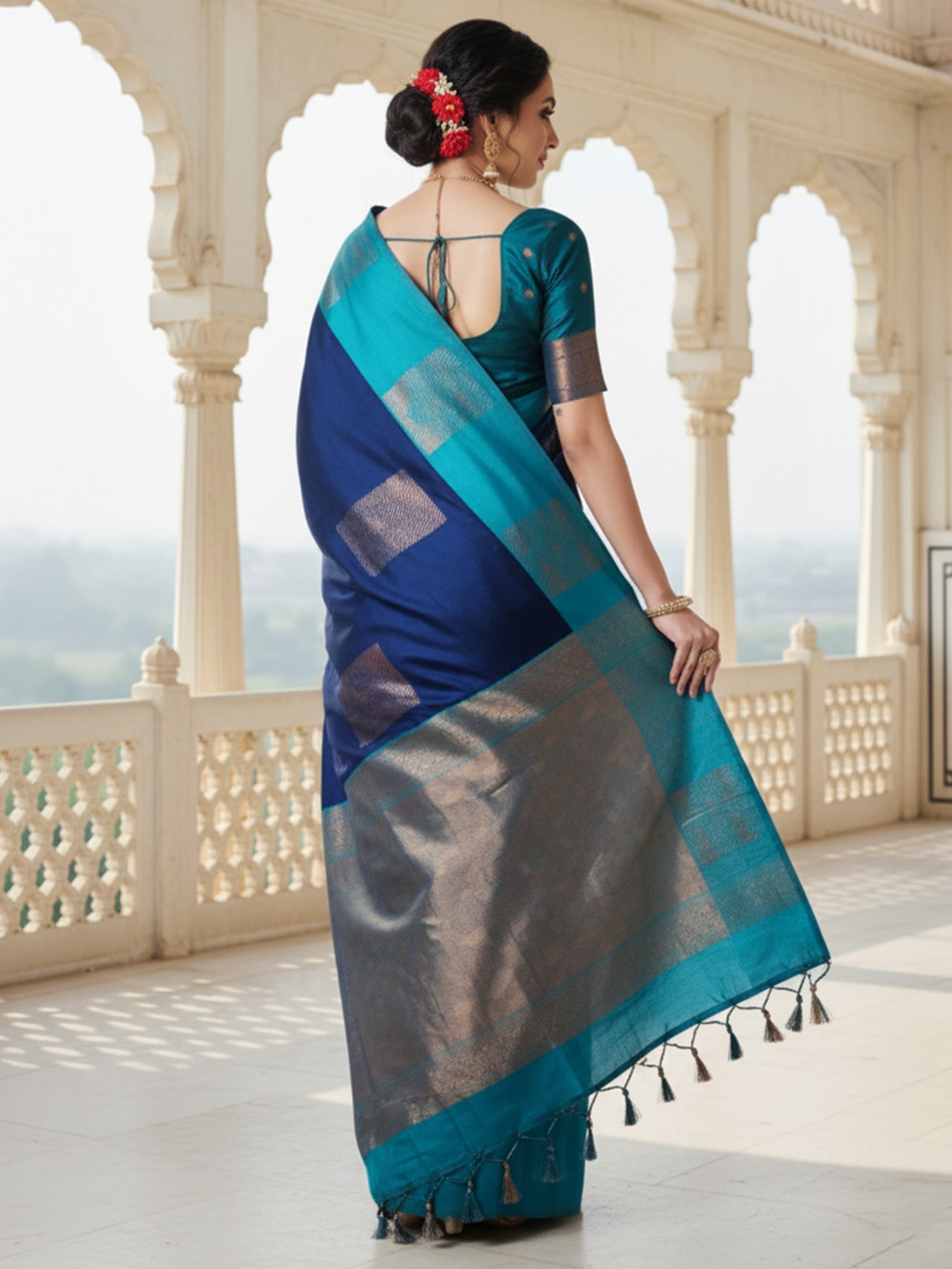 Navy Blue & Teal Silk Saree with Zari Weave - Ressa