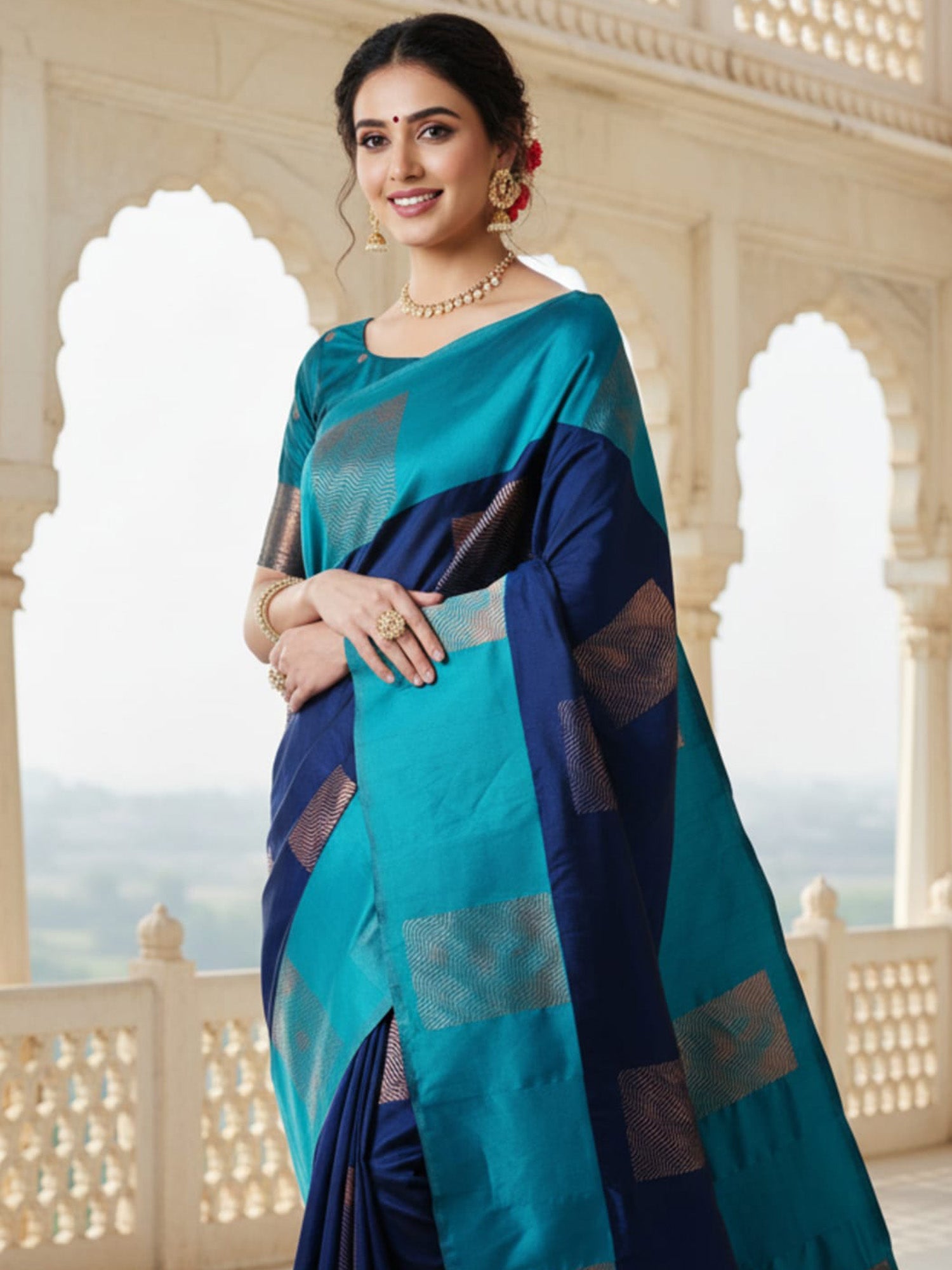 Navy Blue & Teal Silk Saree with Zari Weave - Ressa