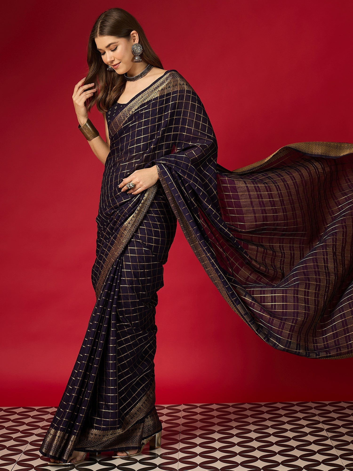 Navy Blue Zari Check Georgette Saree - Ressa