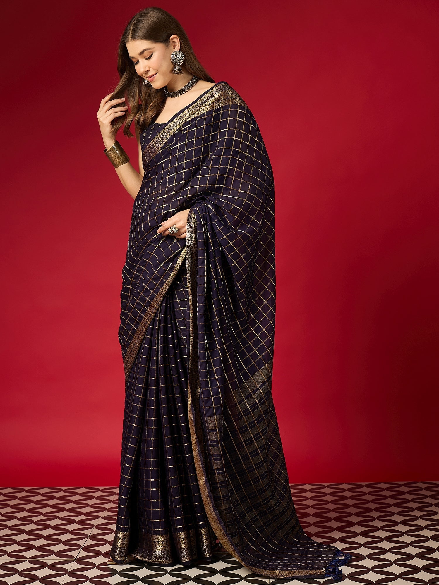 Navy Blue Zari Check Georgette Saree - Ressa