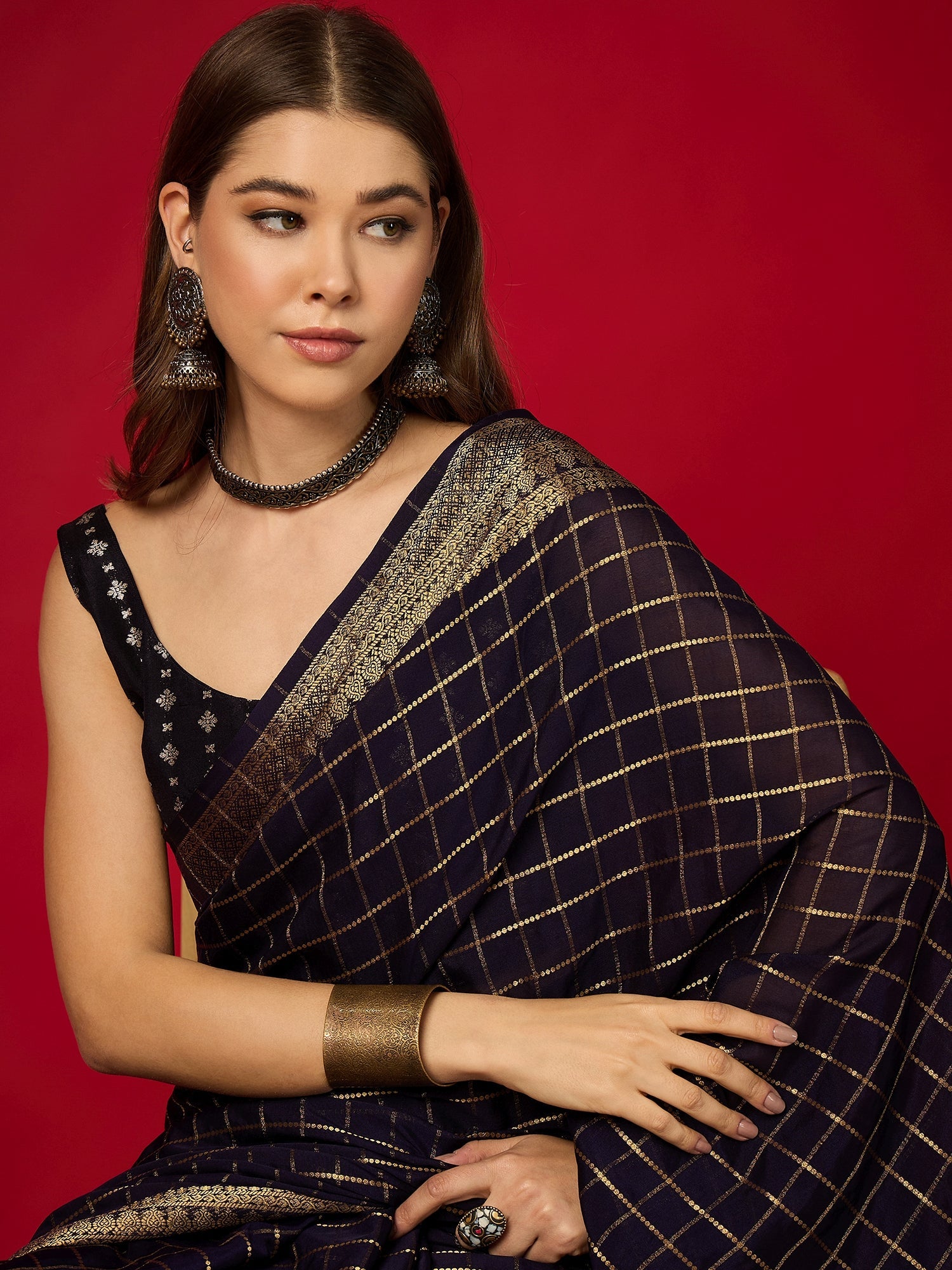 Navy Blue Zari Check Georgette Saree - Ressa