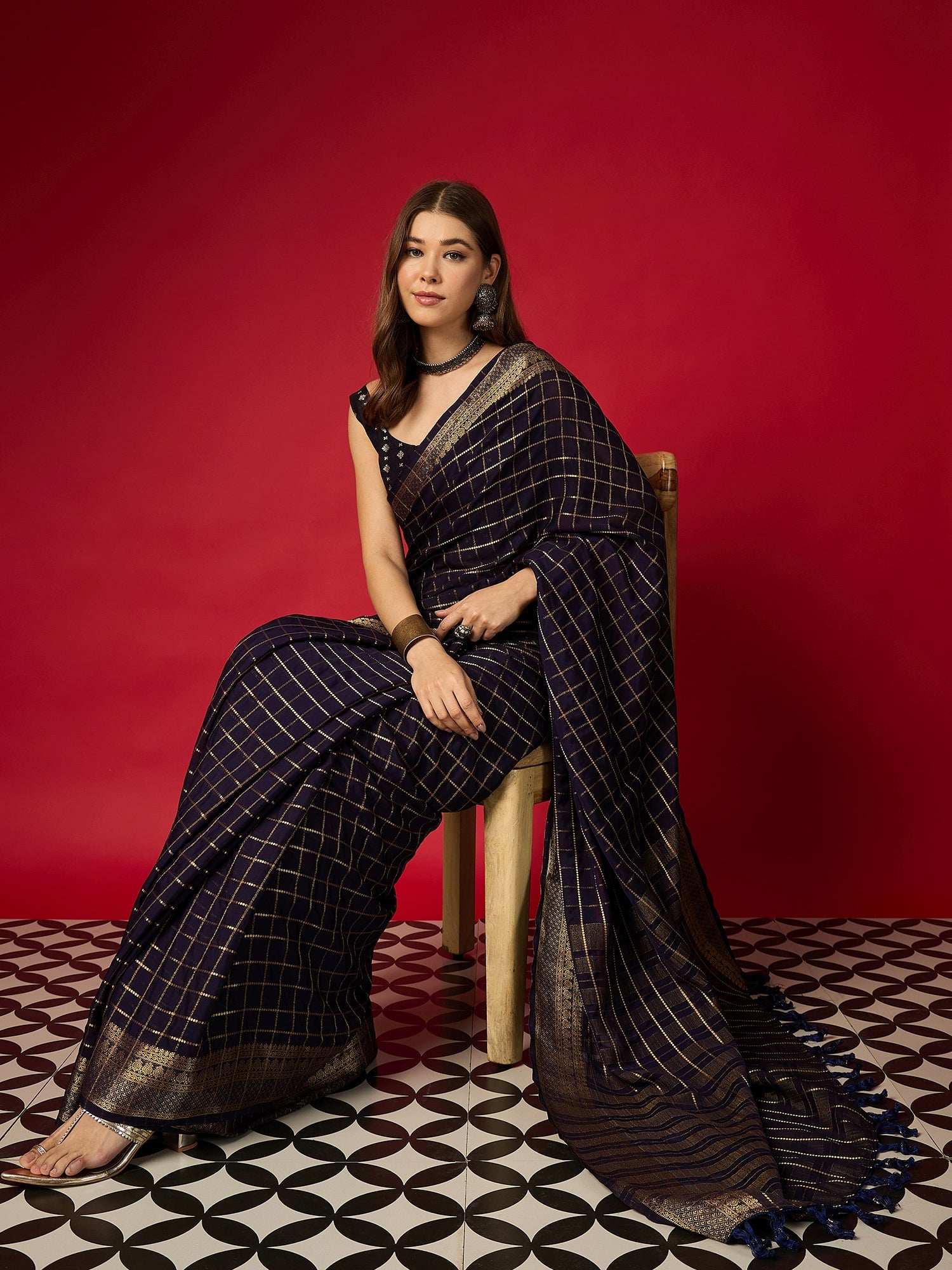 Navy Blue Zari Check Georgette Saree - Ressa