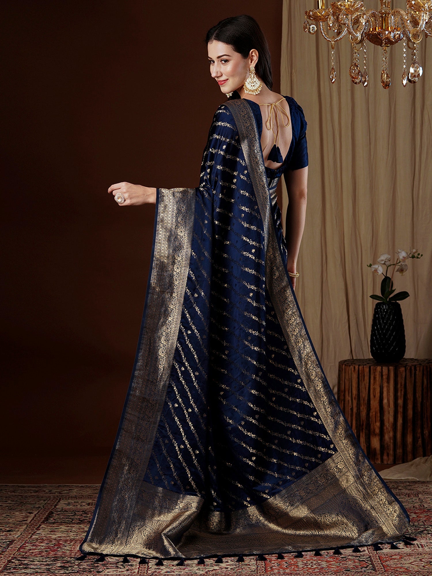 Navy Blue Zari Woven Satin Saree - Ressa
