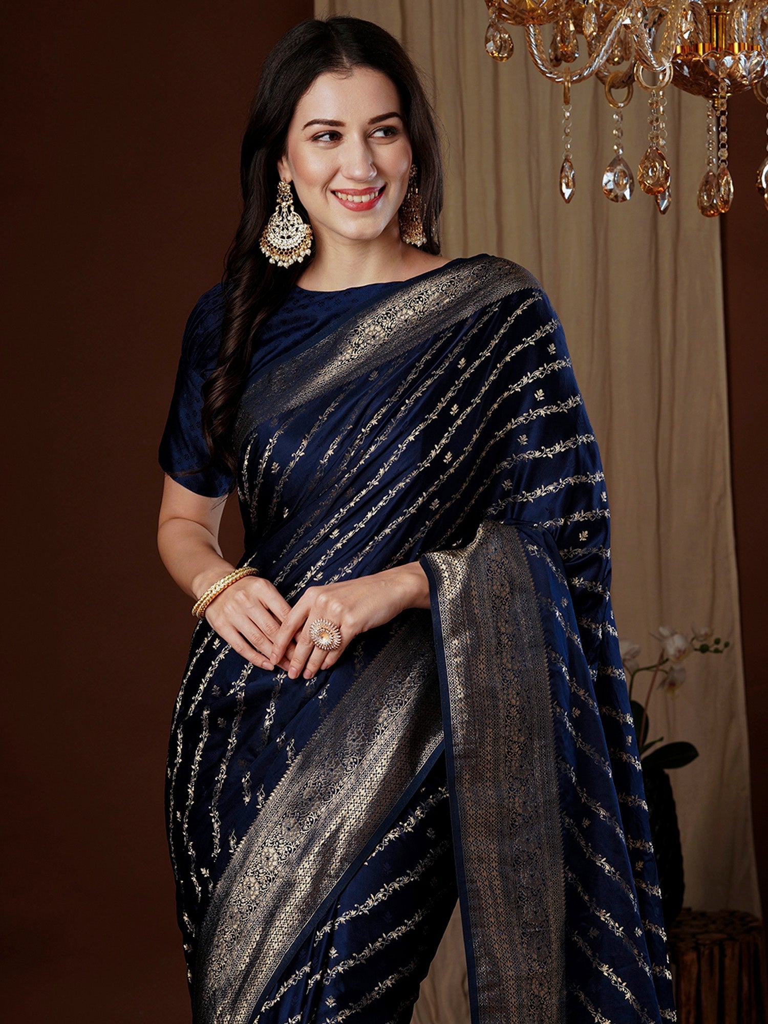 Navy Blue Zari Woven Satin Saree - Ressa