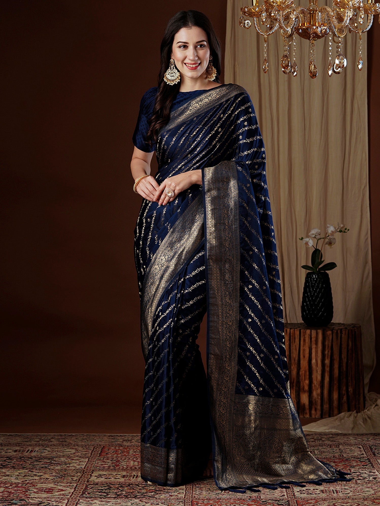 Navy Blue Zari Woven Satin Saree - Ressa