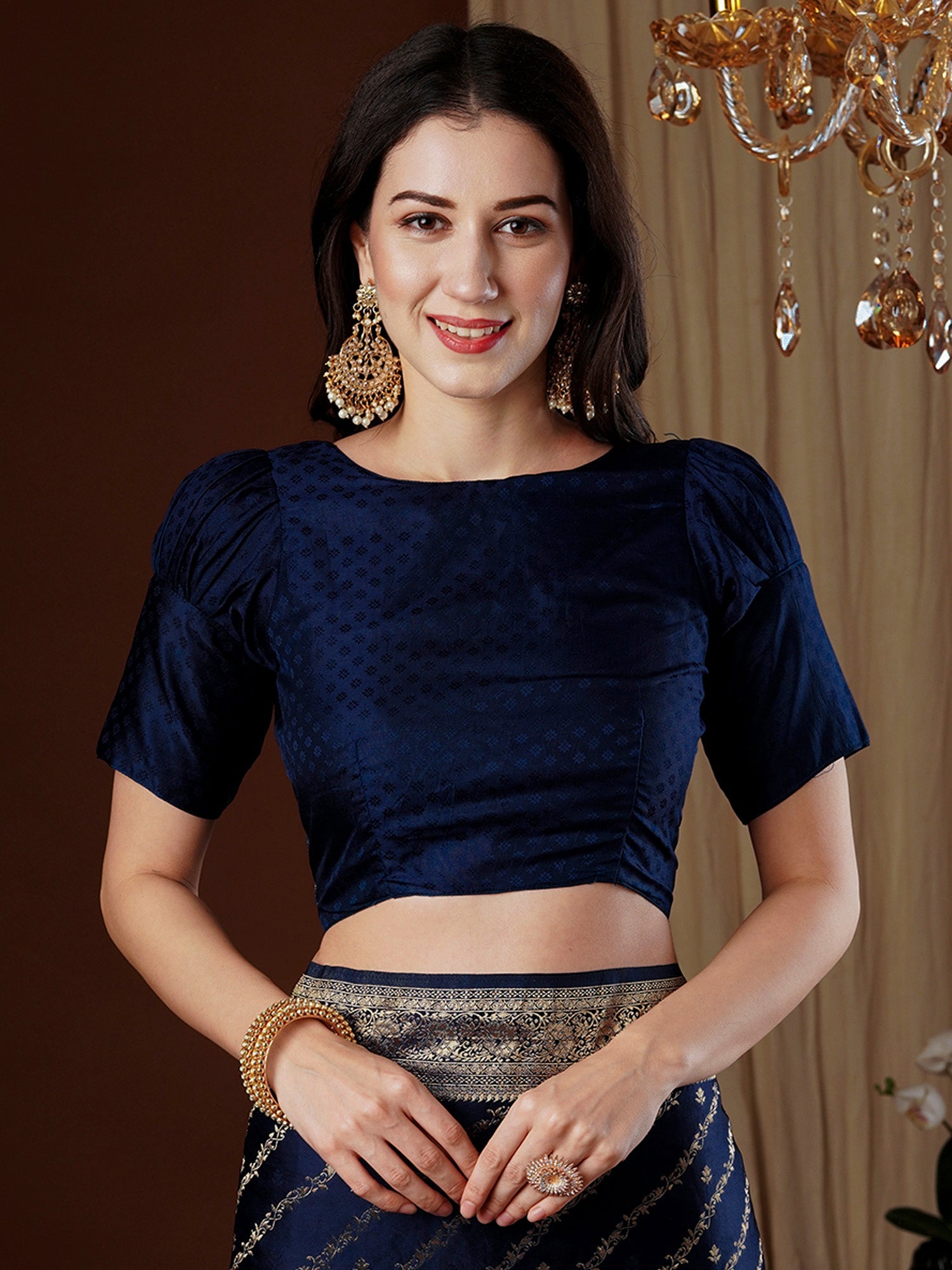 Navy Blue Zari Woven Satin Saree - Ressa