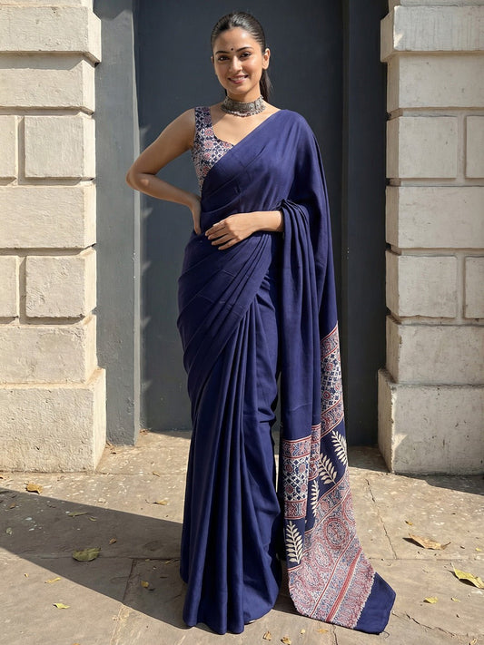Navy Crepe Ajrakh Block Printed Saree - Ressa