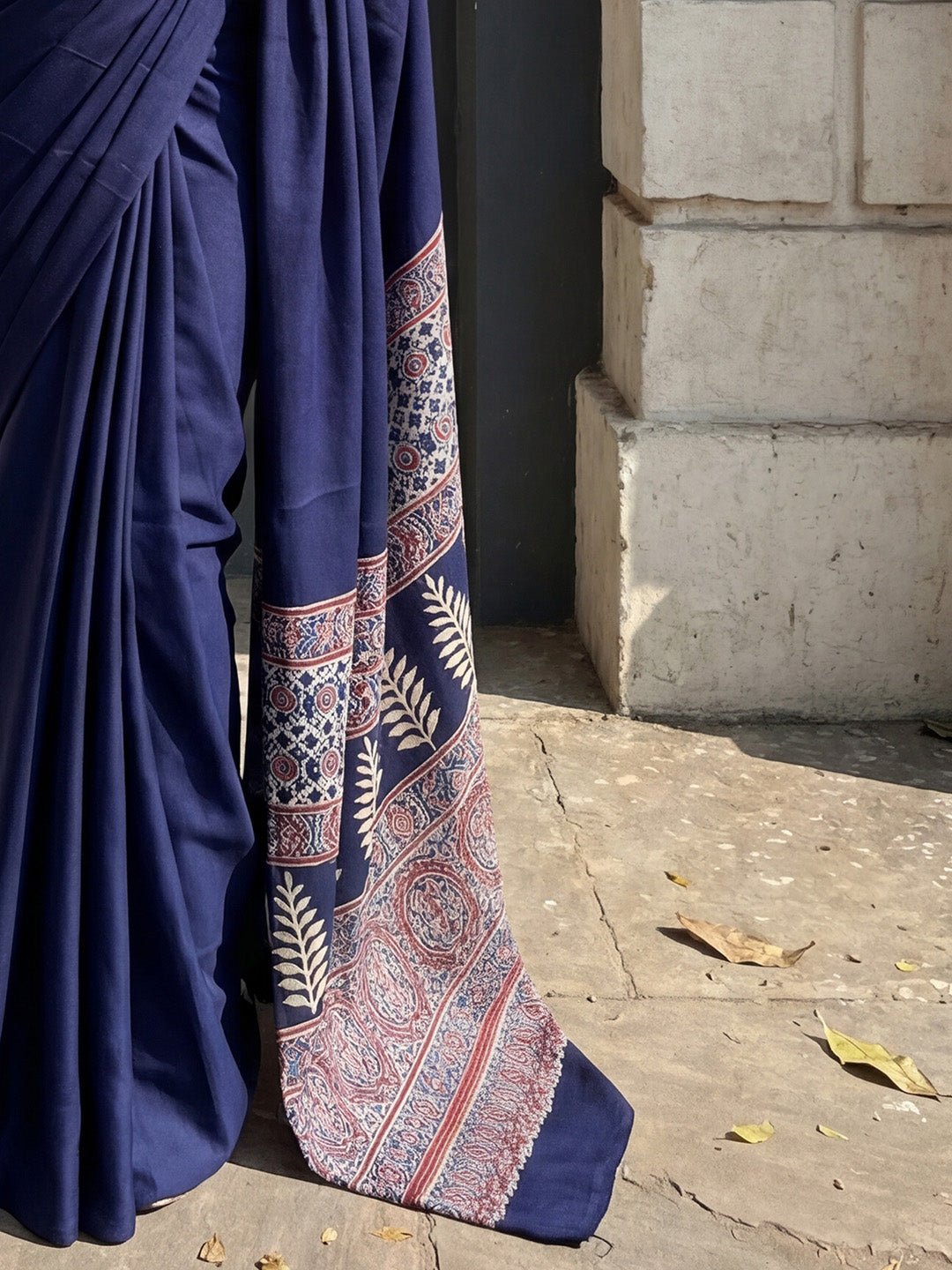 Navy Crepe Ajrakh Block Printed Saree - Ressa