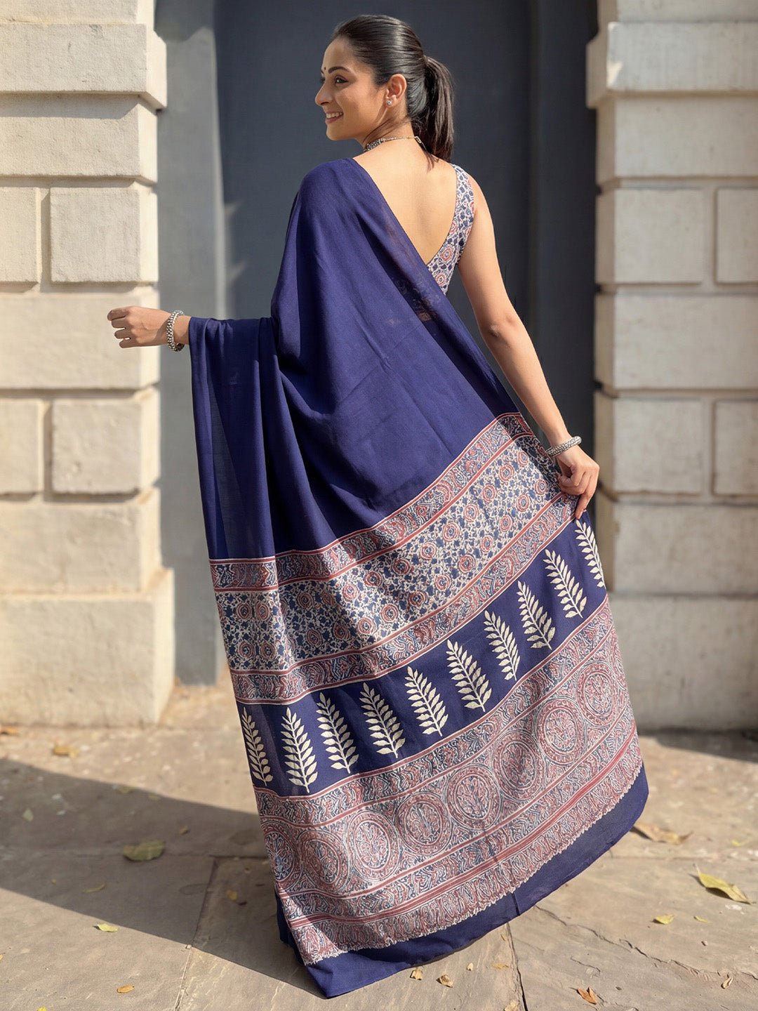 Navy Crepe Ajrakh Block Printed Saree - Ressa