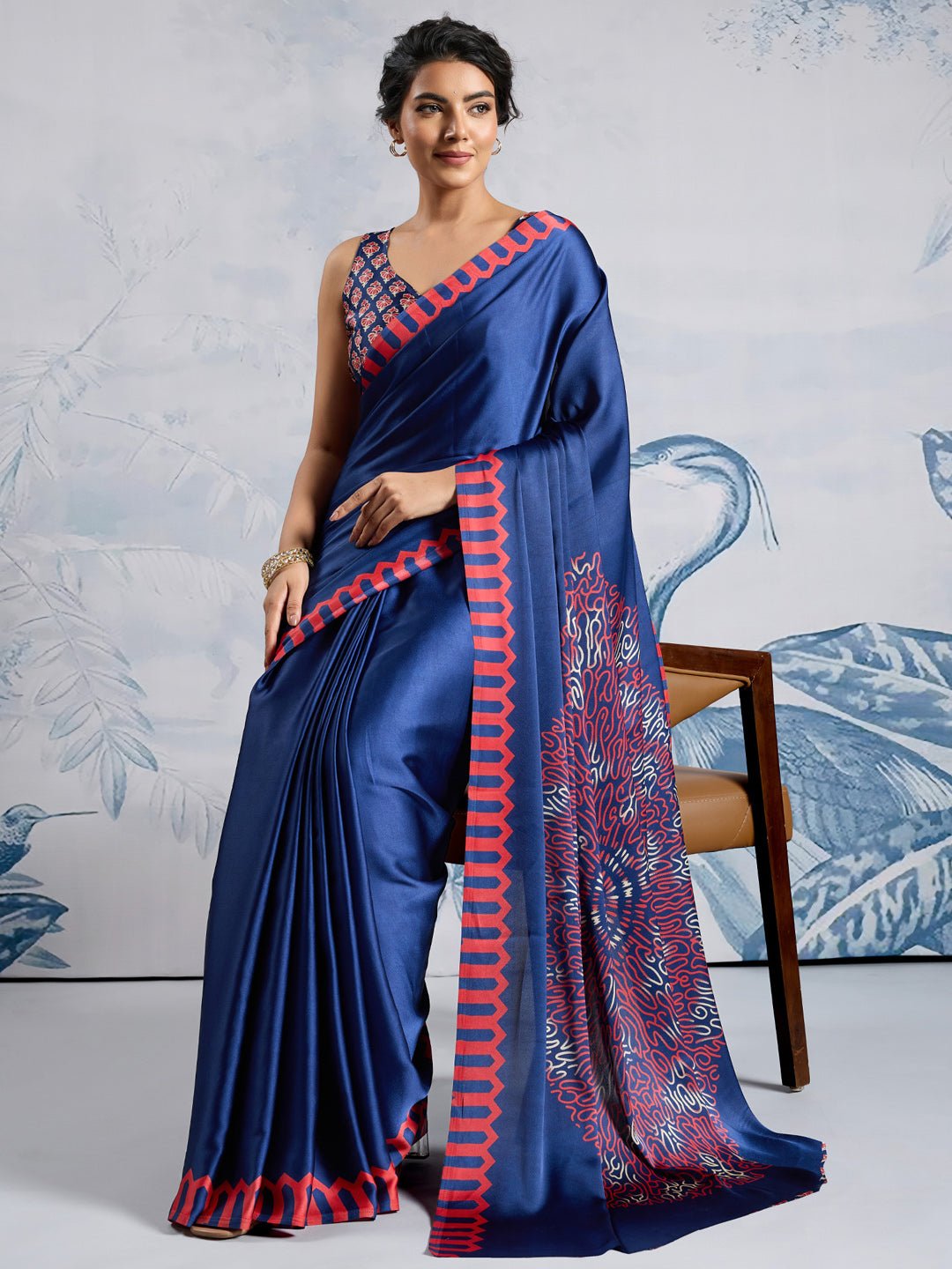 Navy Satin Silk Saree - Ressa