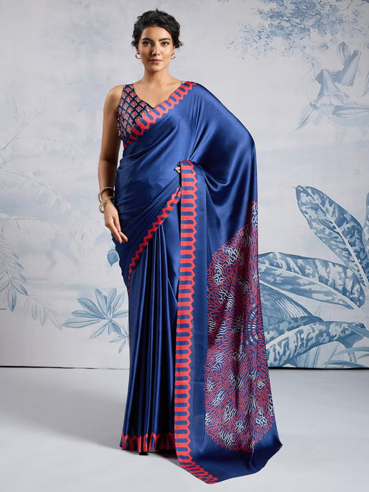 Navy Satin Silk Saree - Ressa