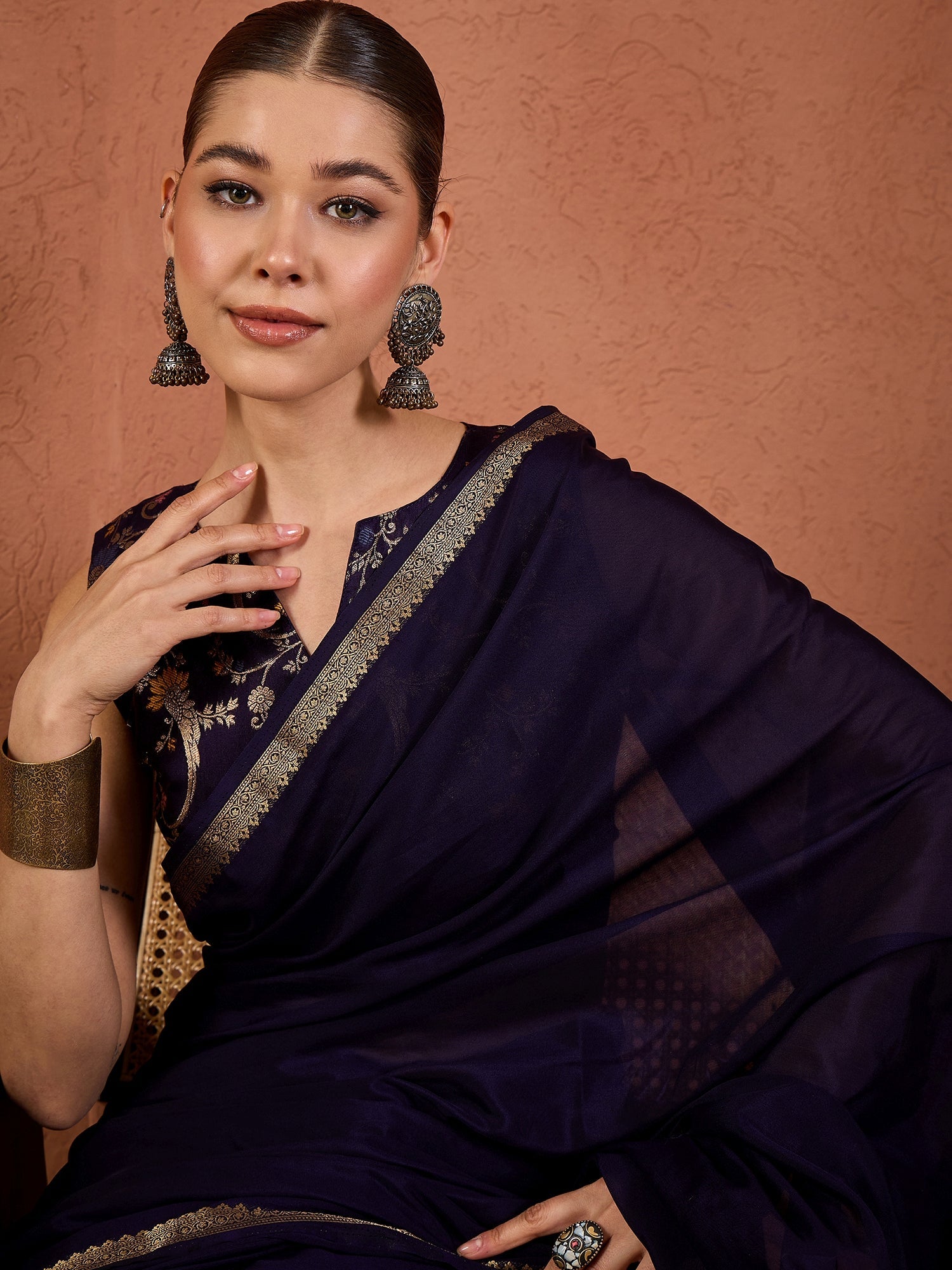 Navy Silk Saree with Zari Border & Embroidered Blouse - Ressa