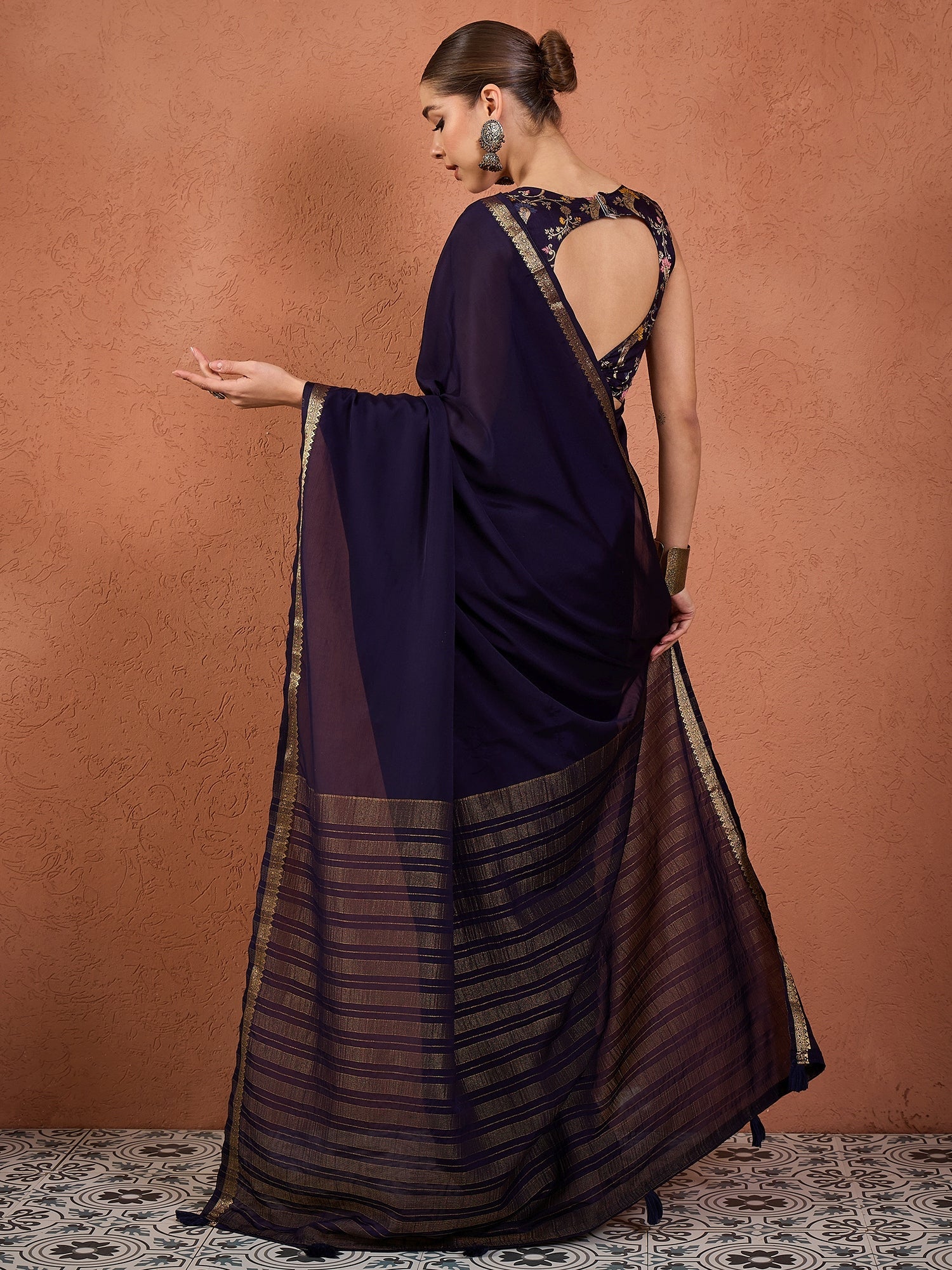 Navy Silk Saree with Zari Border & Embroidered Blouse - Ressa