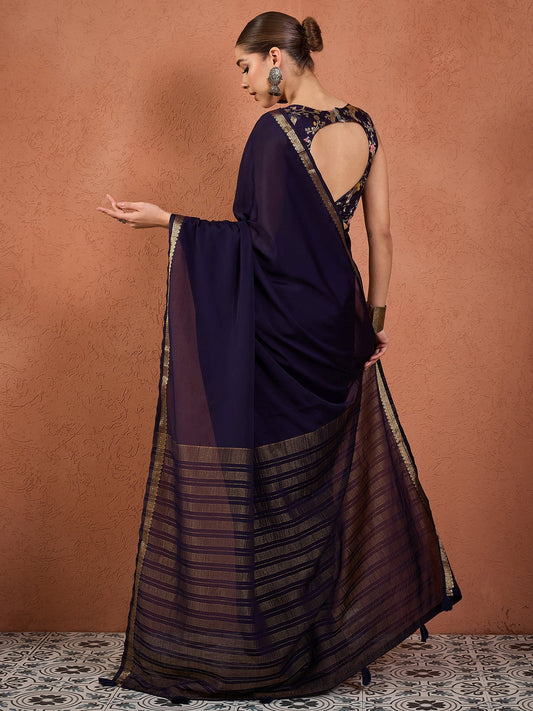 Navy Silk Saree with Zari Border & Embroidered Blouse - Ressa