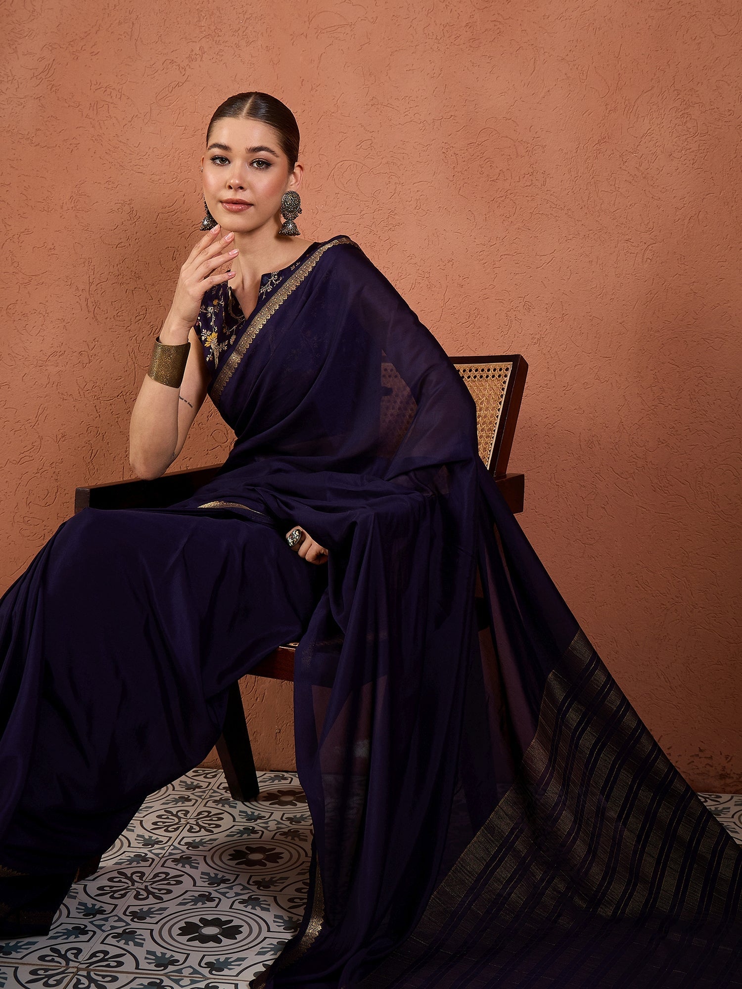 Navy Silk Saree with Zari Border & Embroidered Blouse - Ressa