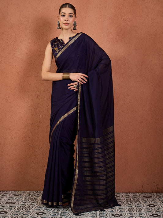 Navy Silk Saree with Zari Border & Embroidered Blouse - Ressa