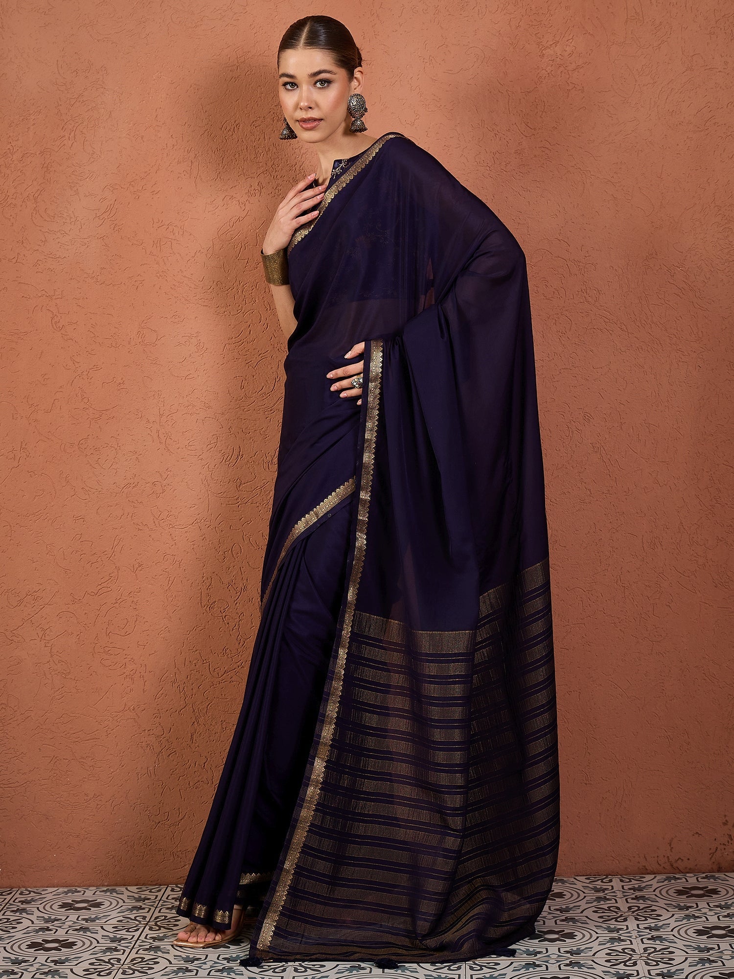 Navy Silk Saree with Zari Border & Embroidered Blouse - Ressa