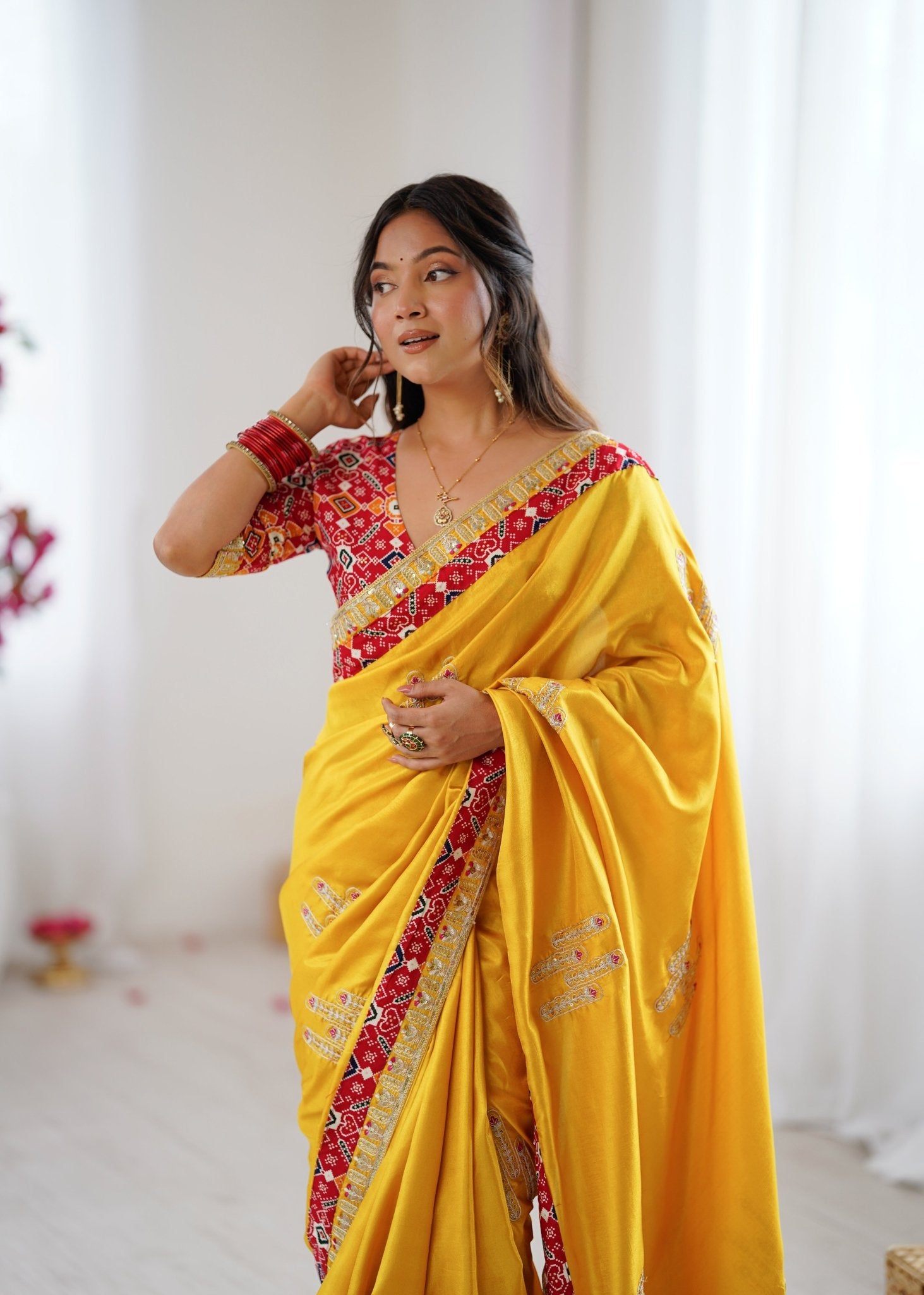 Nilam Yellow Silk Saree with Patola Border & Embroidery - Ressa