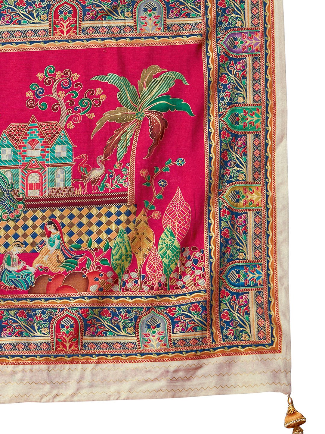 Off-White &amp; Pink Silk Blend Heritage Kalamkari Style Zari Wove Saree - Ressa