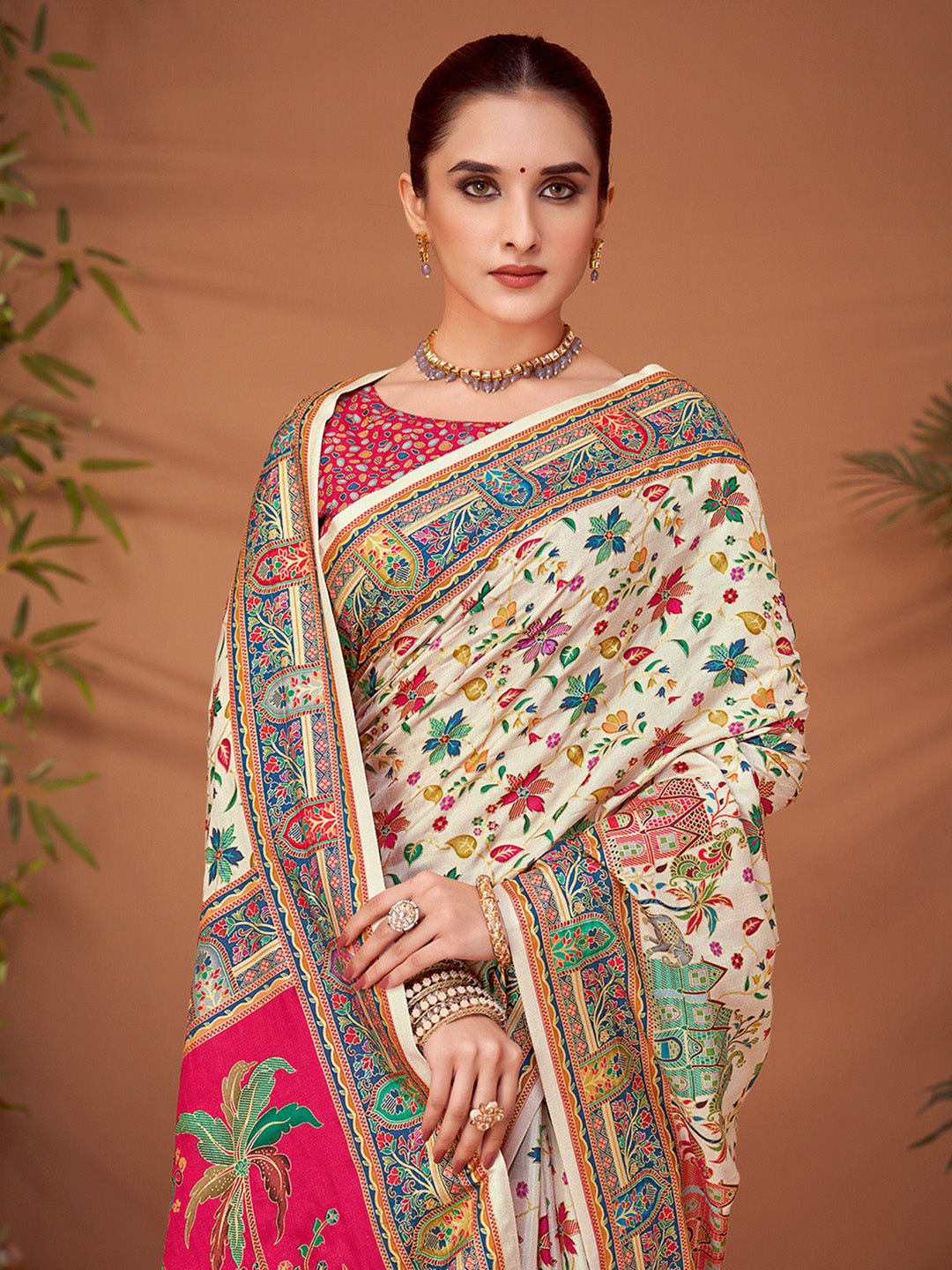 Off-White &amp; Pink Silk Blend Heritage Kalamkari Style Zari Wove Saree - Ressa