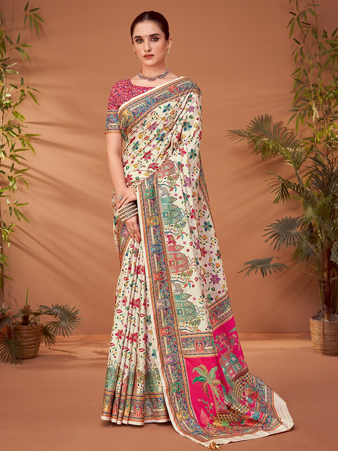 Off-White &amp; Pink Silk Blend Heritage Kalamkari Style Zari Wove Saree - Ressa