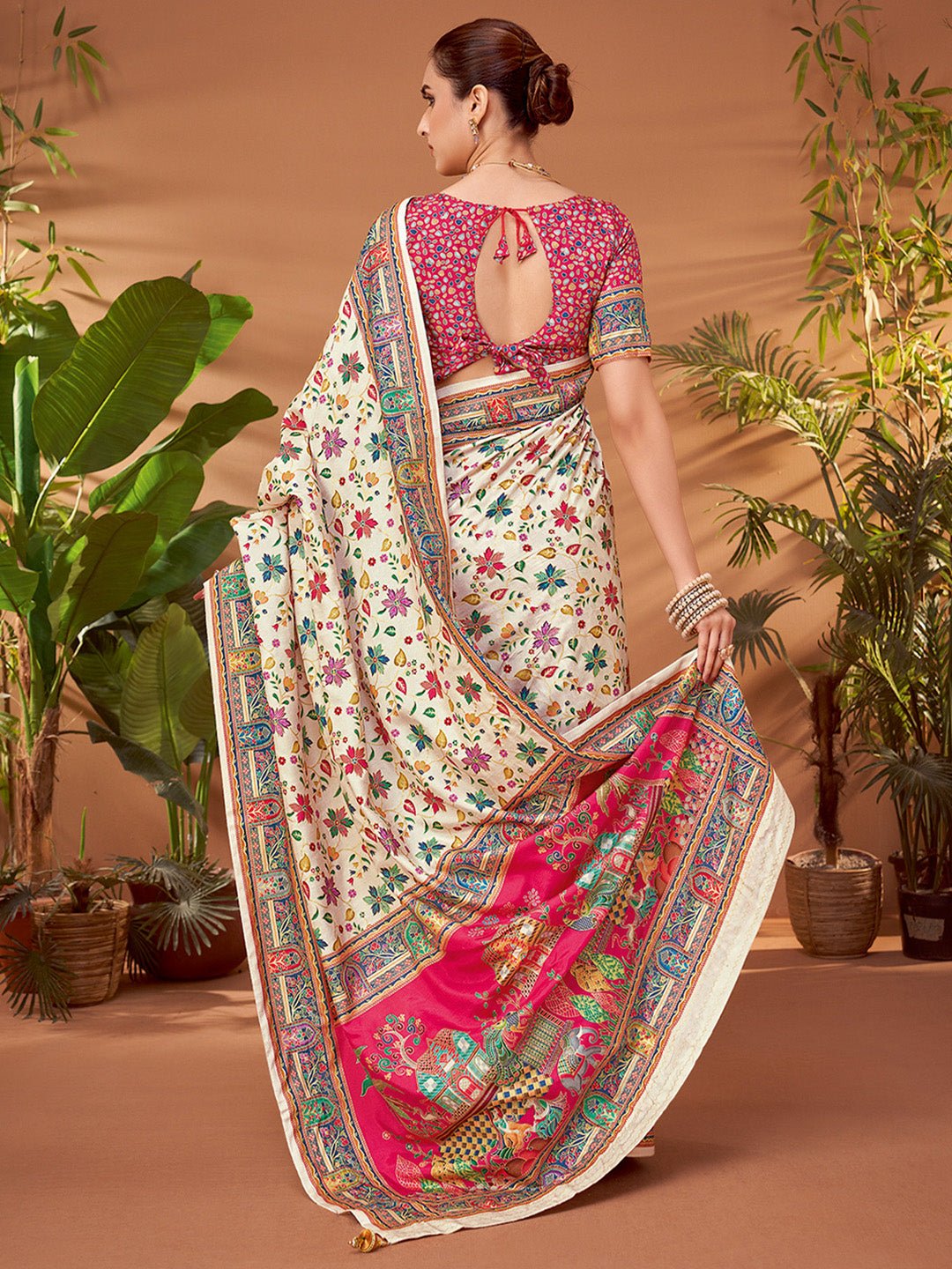 Off-White &amp; Pink Silk Blend Heritage Kalamkari Style Zari Wove Saree - Ressa