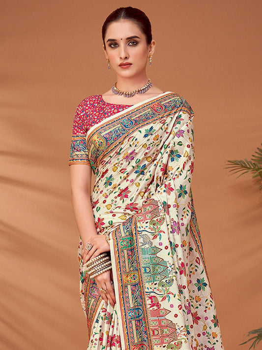 Off-White &amp; Pink Silk Blend Heritage Kalamkari Style Zari Wove Saree - Ressa