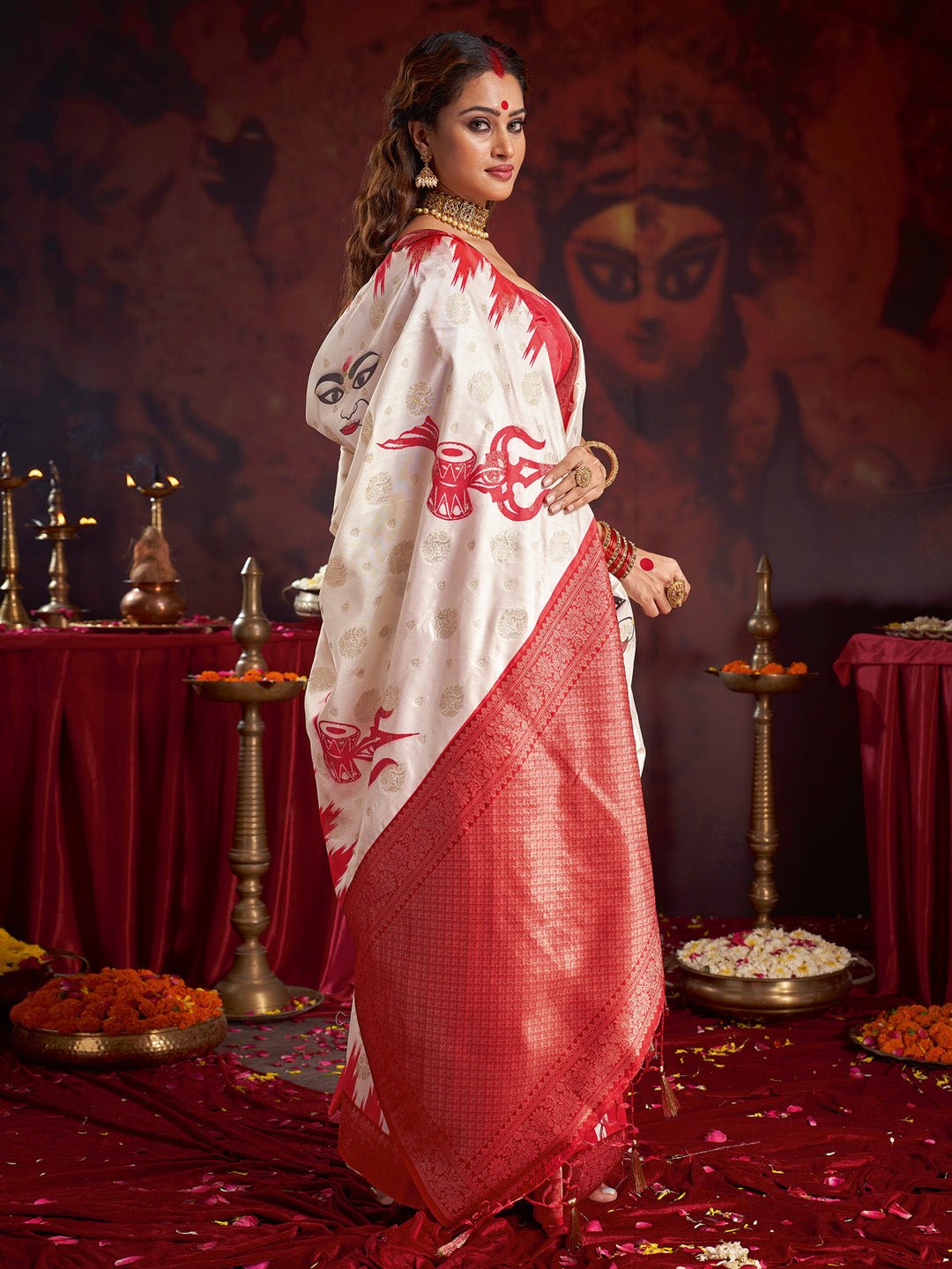 Off-White &amp; Red Silk Blend Heritage Banarasi Style Zari Woven Saree - Ressa