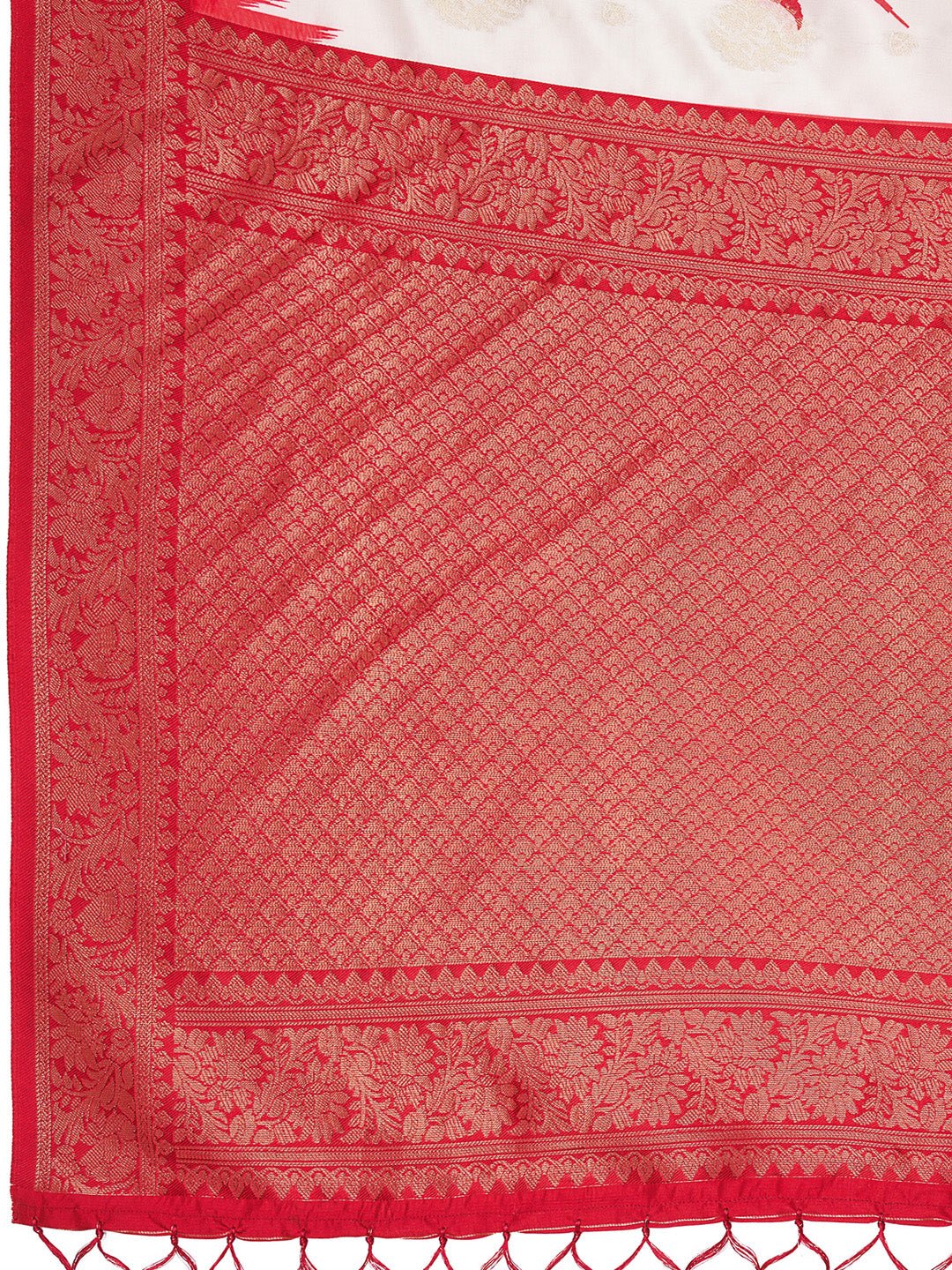 Off-White &amp; Red Silk Blend Heritage Banarasi Style Zari Woven Saree - Ressa