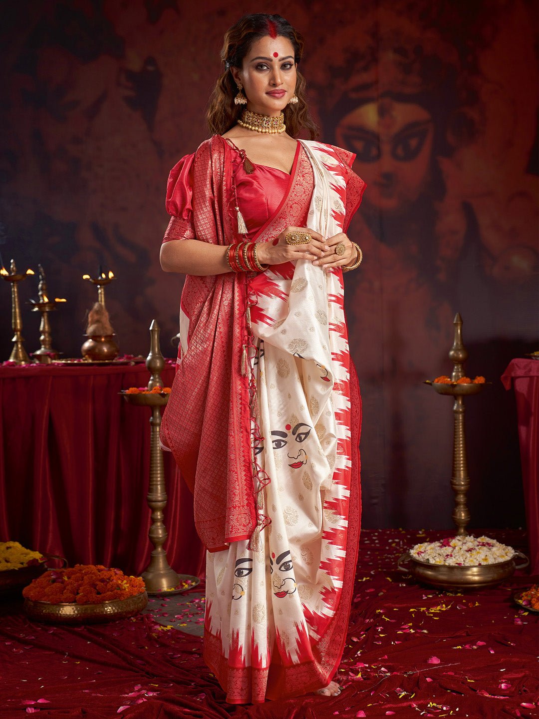 Off-White &amp; Red Silk Blend Heritage Banarasi Style Zari Woven Saree - Ressa