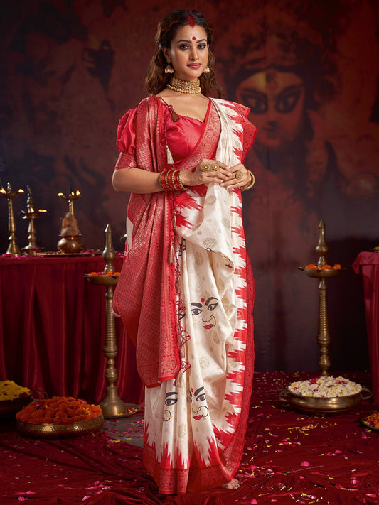 Off-White &amp; Red Silk Blend Heritage Banarasi Style Zari Woven Saree - Ressa