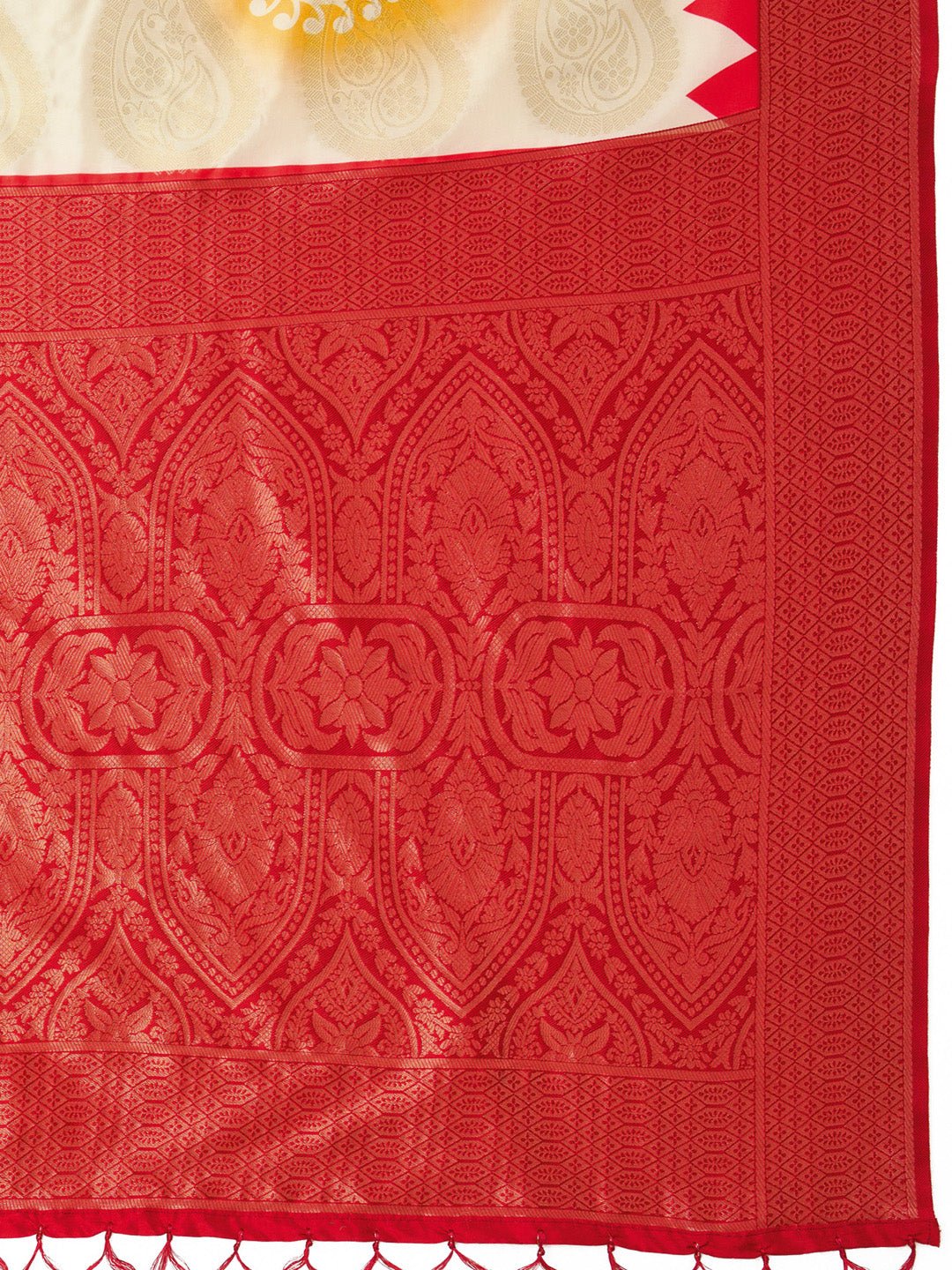 Off-White &amp; Red Silk Blend Paisley Zari Weave Saree - Ressa