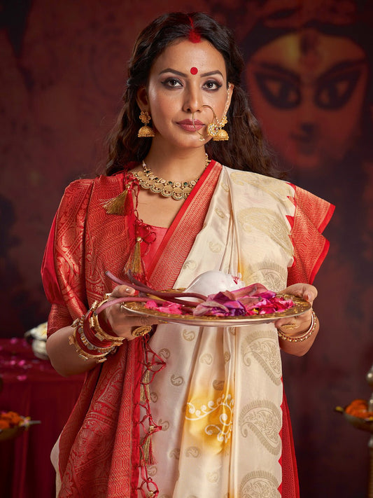 Off-White &amp; Red Silk Blend Paisley Zari Weave Saree - Ressa