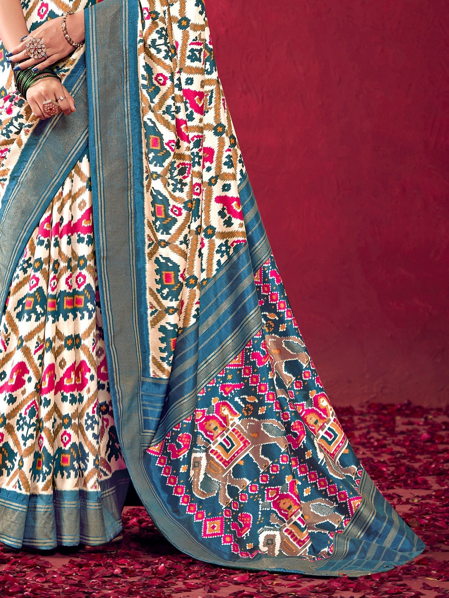 Off-White &amp; Teal Blue Patola Ikat Woven Silk Blend Saree - Ressa
