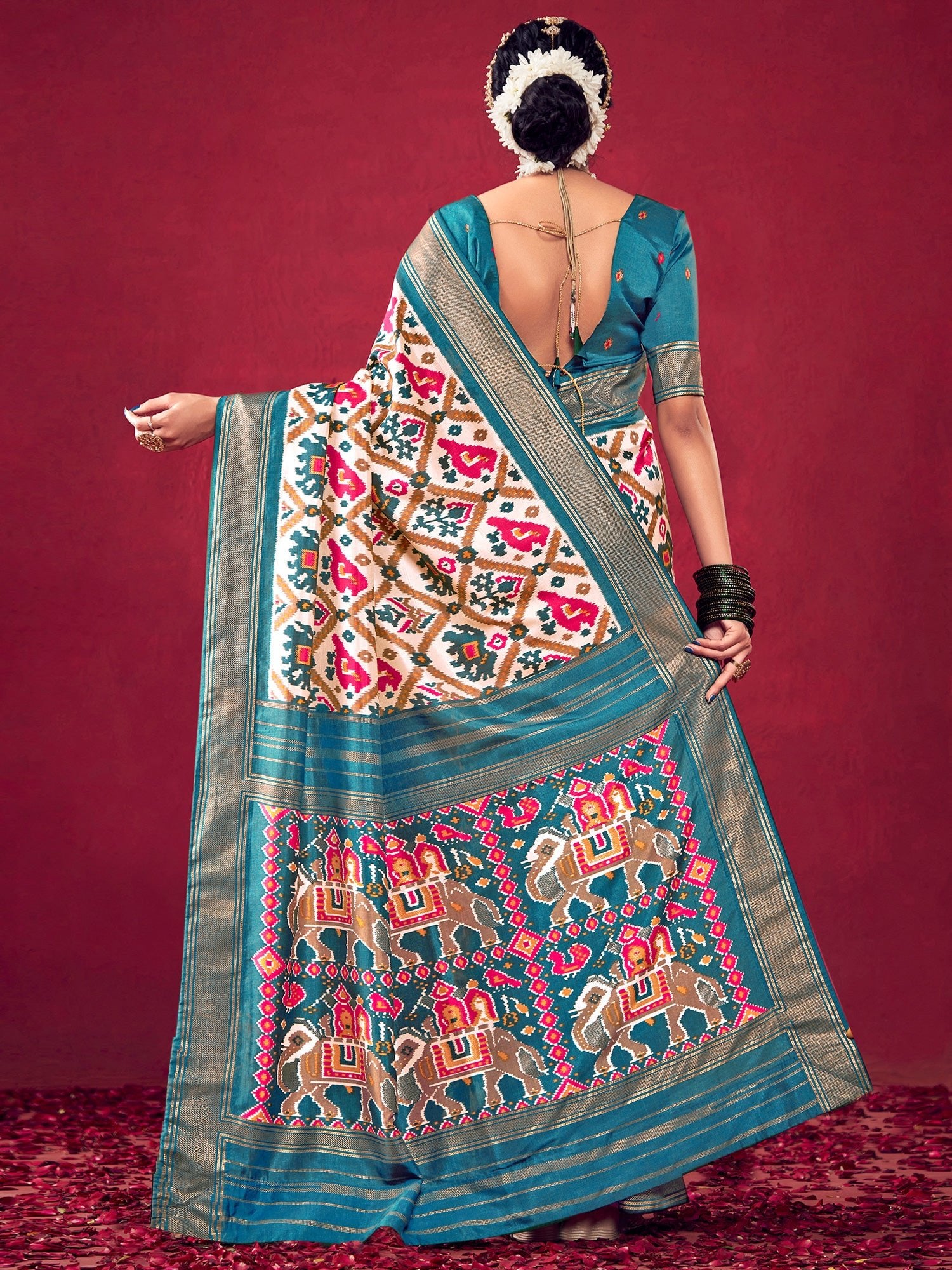 Off-White &amp; Teal Blue Patola Ikat Woven Silk Blend Saree - Ressa