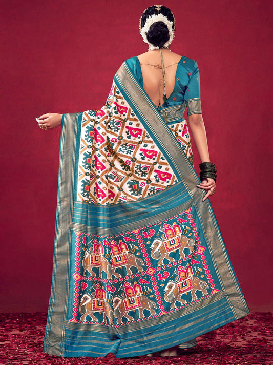 Off-White &amp; Teal Blue Patola Ikat Woven Silk Blend Saree - Ressa