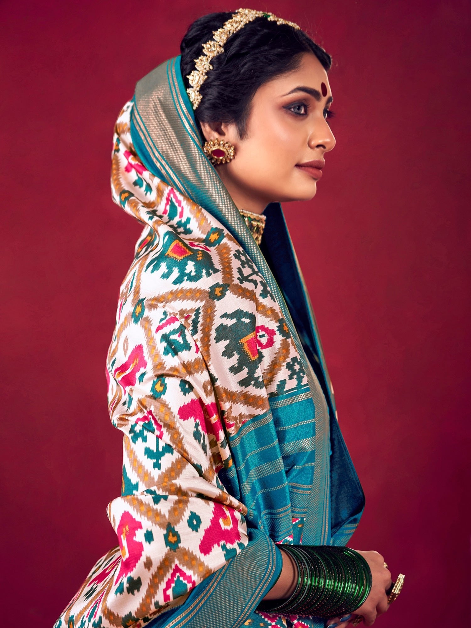 Off-White &amp; Teal Blue Patola Ikat Woven Silk Blend Saree - Ressa