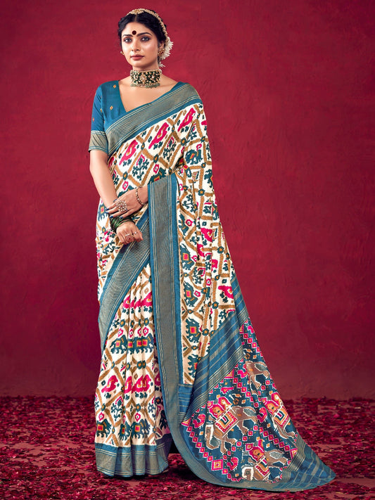 Off-White &amp; Teal Blue Patola Ikat Woven Silk Blend Saree - Ressa