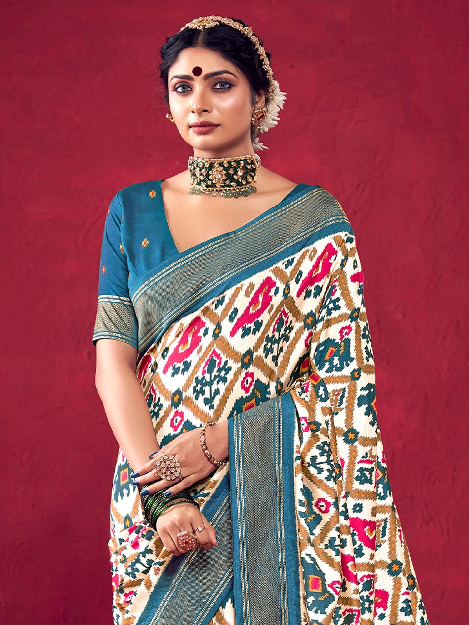 Off-White &amp; Teal Blue Patola Ikat Woven Silk Blend Saree - Ressa