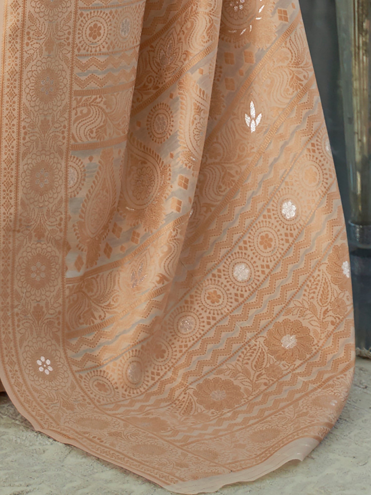 Off-White and Cream Banarasi Silk Blend Saree - Ressa