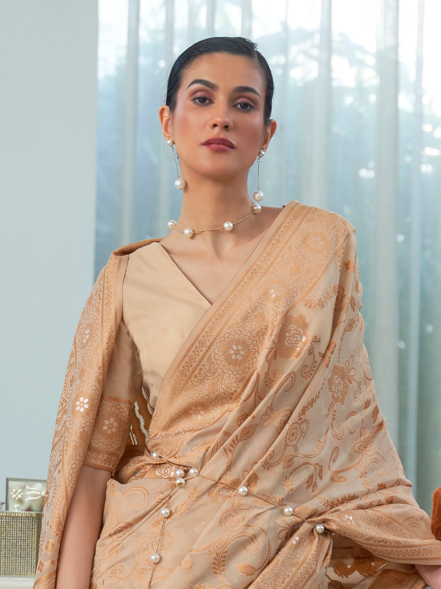 Off-White and Cream Banarasi Silk Blend Saree - Ressa