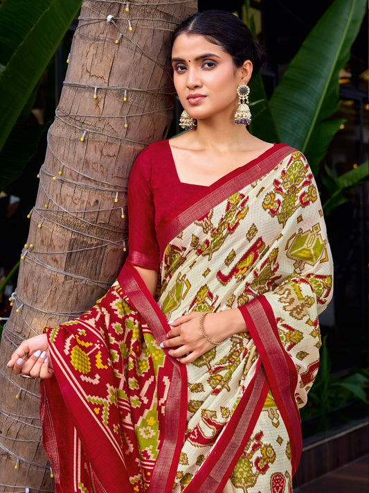 Off - White and Red Patola Saree - Ressa