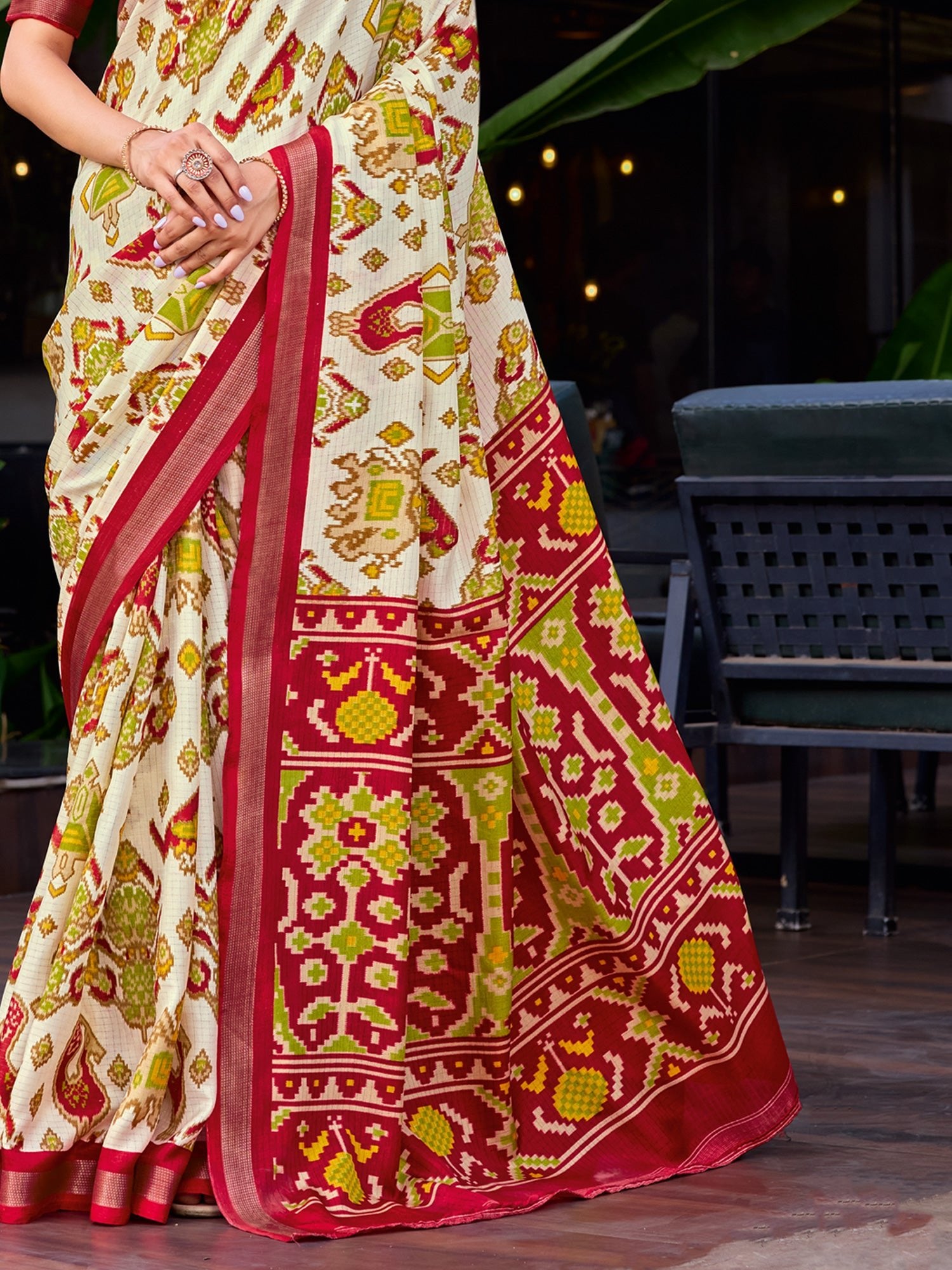 Off - White and Red Patola Saree - Ressa