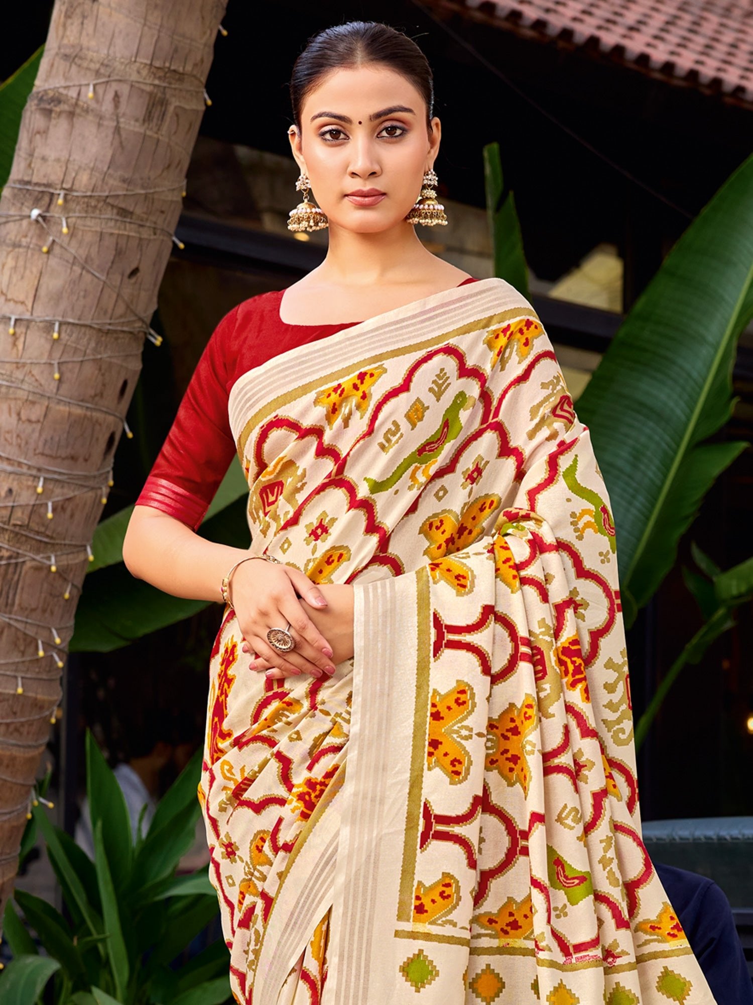 Off-White and Red Patola Saree - Ressa